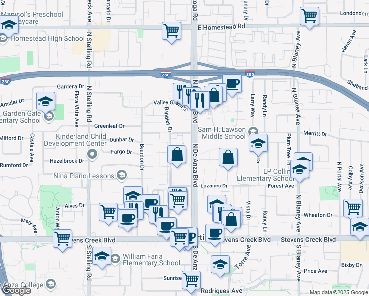 map of restaurants, bars, coffee shops, grocery stores, and more near 10431 North De Anza Boulevard in Cupertino