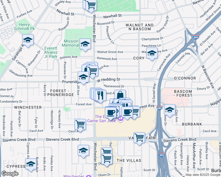 map of restaurants, bars, coffee shops, grocery stores, and more near 2432 Homewood Drive in San Jose
