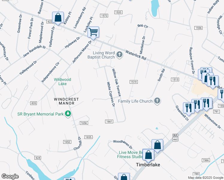 map of restaurants, bars, coffee shops, grocery stores, and more near 188 White Cypress Drive in Forest