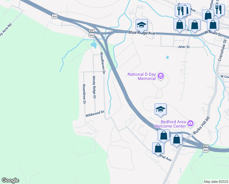 map of restaurants, bars, coffee shops, grocery stores, and more near 1129 Coolbrook Road in Bedford