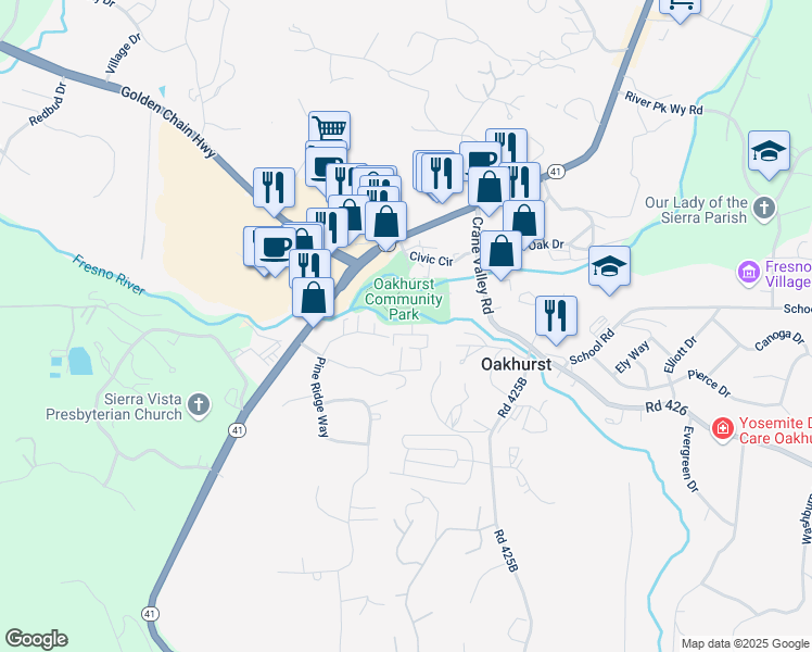 map of restaurants, bars, coffee shops, grocery stores, and more near Unnamed Road in Oakhurst