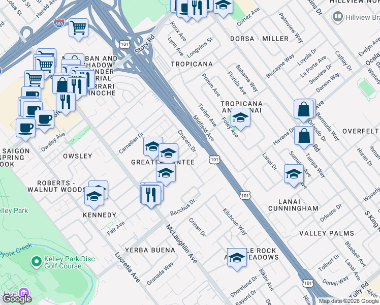 map of restaurants, bars, coffee shops, grocery stores, and more near 1683 Crucero Drive in San Jose