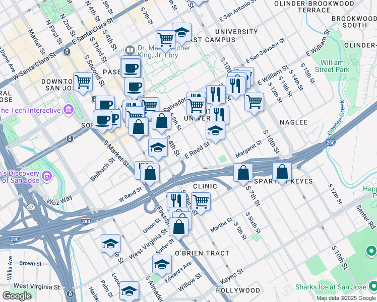 map of restaurants, bars, coffee shops, grocery stores, and more near 600 South 5th Street in San Jose