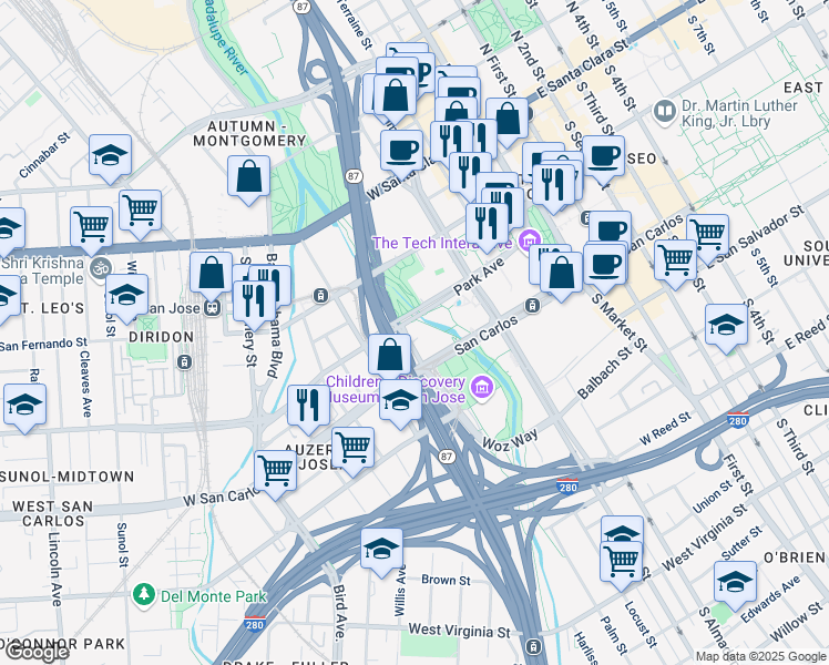map of restaurants, bars, coffee shops, grocery stores, and more near 333 Woz Way in San Jose