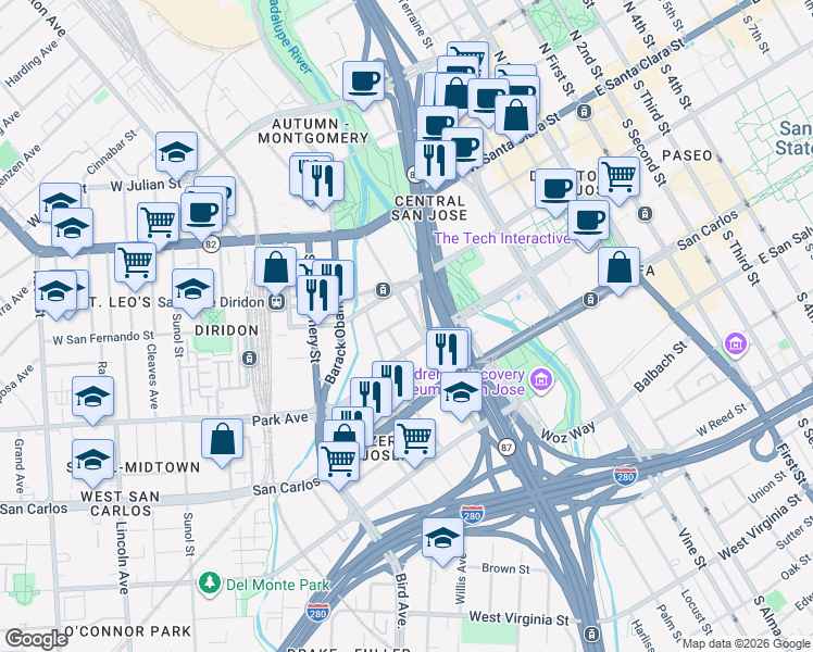 map of restaurants, bars, coffee shops, grocery stores, and more near 411 Park Avenue in San Jose