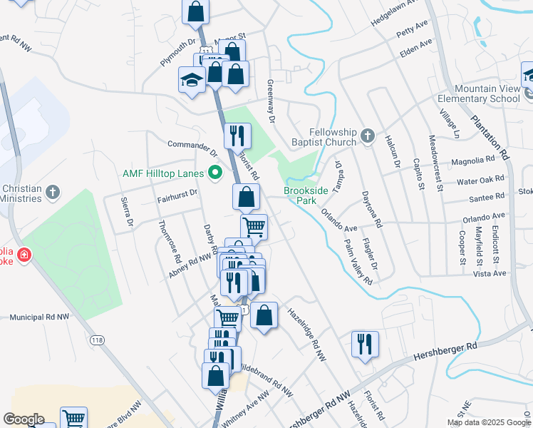 map of restaurants, bars, coffee shops, grocery stores, and more near 5428-5452 Florist Rd NW in Roanoke