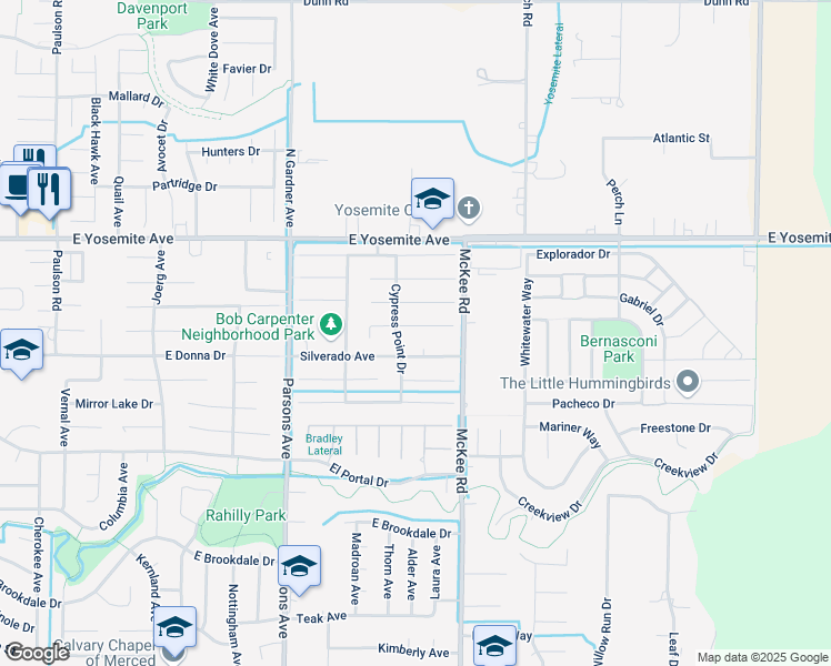 map of restaurants, bars, coffee shops, grocery stores, and more near 2068 Spy Glass Court in Merced