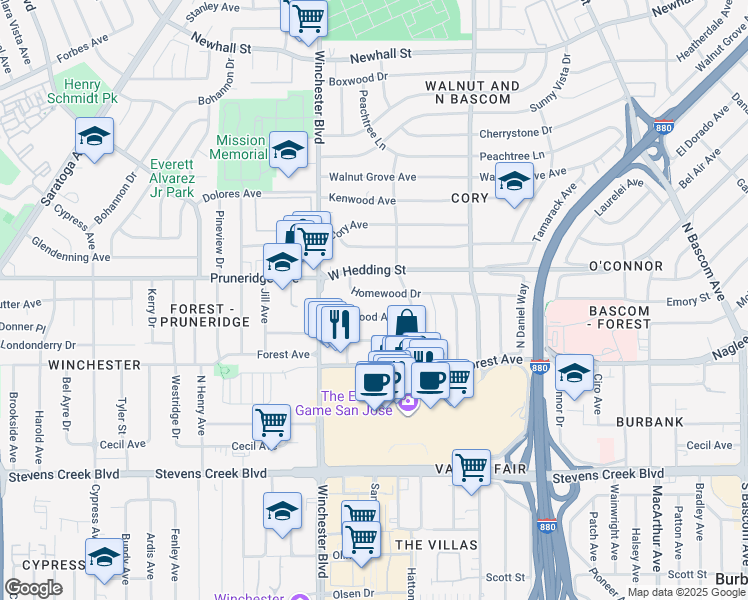 map of restaurants, bars, coffee shops, grocery stores, and more near 2432 Homewood Drive in San Jose