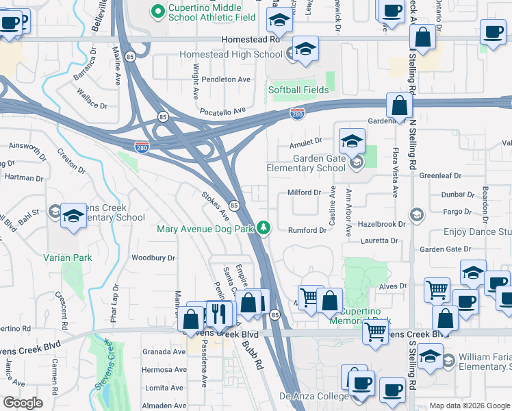 map of restaurants, bars, coffee shops, grocery stores, and more near 10359 Mary Avenue in Cupertino
