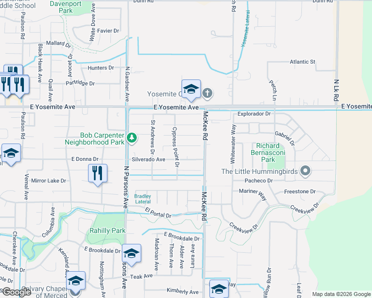 map of restaurants, bars, coffee shops, grocery stores, and more near 3514 Capilano Court in Merced
