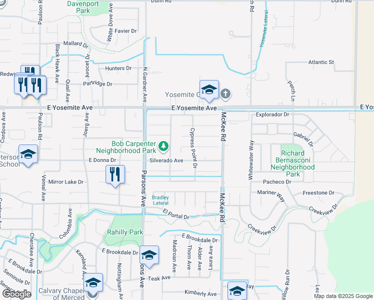 map of restaurants, bars, coffee shops, grocery stores, and more near 1986 Woodhaven Court in Merced