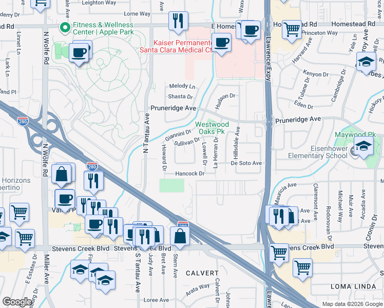 map of restaurants, bars, coffee shops, grocery stores, and more near 335 Grinnell Court in Santa Clara