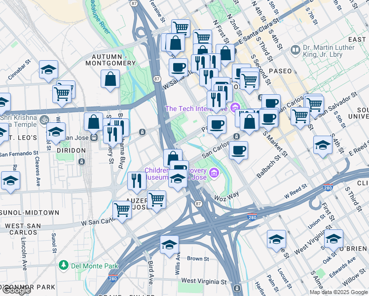 map of restaurants, bars, coffee shops, grocery stores, and more near 300 Park Avenue in San Jose