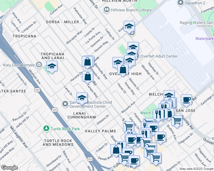 map of restaurants, bars, coffee shops, grocery stores, and more near 1979 Orlando Drive in San Jose
