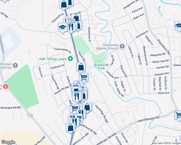 map of restaurants, bars, coffee shops, grocery stores, and more near 5452 Florist Road Northwest in Roanoke