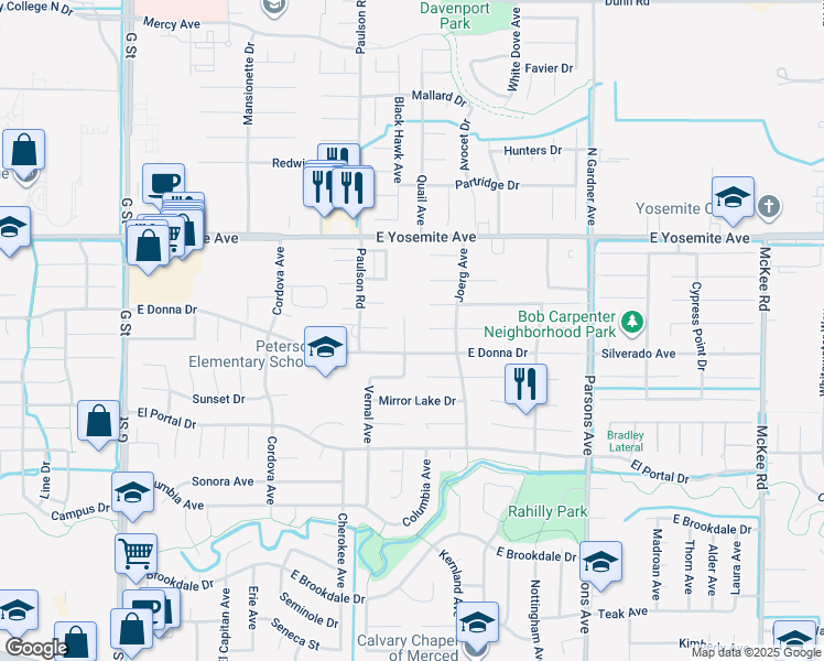 map of restaurants, bars, coffee shops, grocery stores, and more near 3514 Vernal Court in Merced