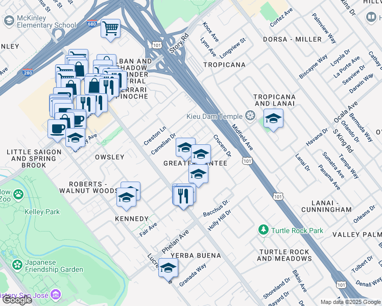 map of restaurants, bars, coffee shops, grocery stores, and more near 1351 Tami Lee Drive in San Jose