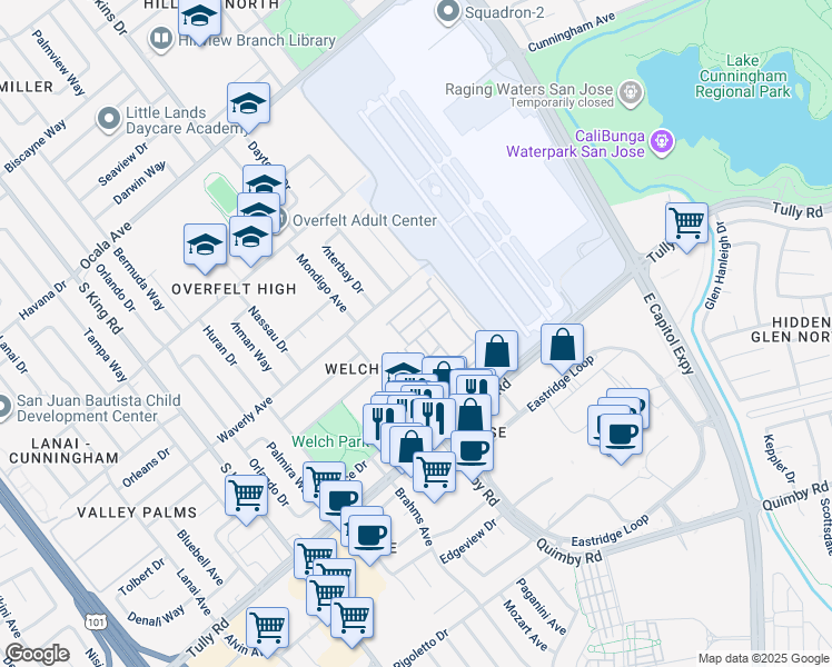 map of restaurants, bars, coffee shops, grocery stores, and more near 1842 Quimby Road in San Jose