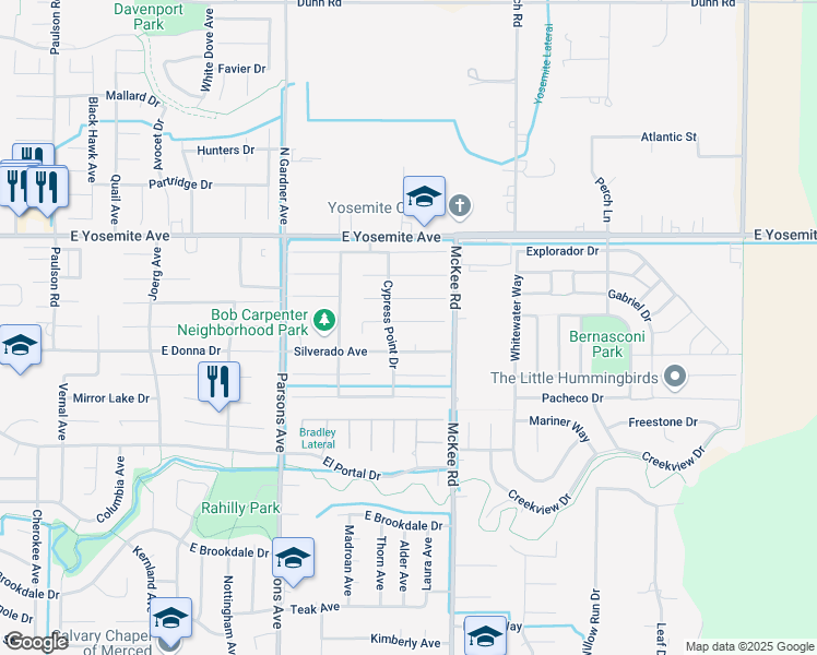 map of restaurants, bars, coffee shops, grocery stores, and more near 2068 Spy Glass Court in Merced