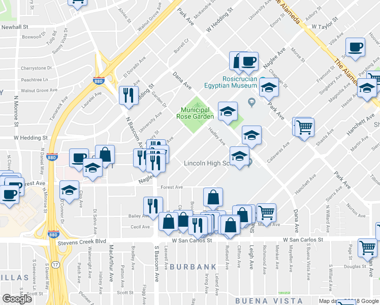 map of restaurants, bars, coffee shops, grocery stores, and more near 1777 Topeka Avenue in San Jose