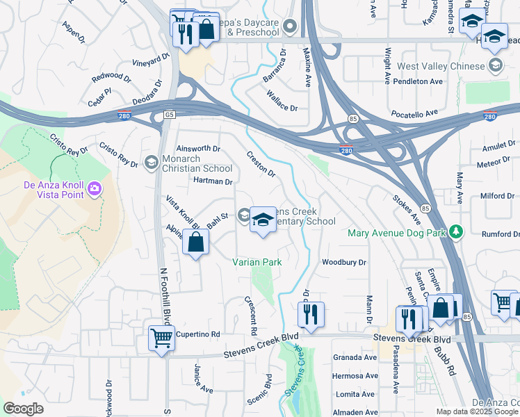 map of restaurants, bars, coffee shops, grocery stores, and more near 22175 Via Camino Court in Cupertino