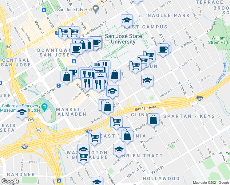 map of restaurants, bars, coffee shops, grocery stores, and more near 526 South 3rd Street in San Jose