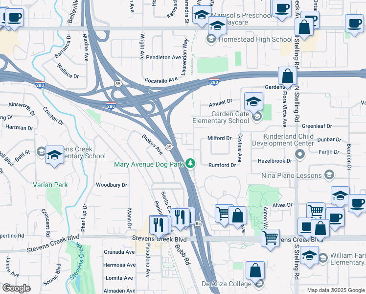 map of restaurants, bars, coffee shops, grocery stores, and more near 10353 Mary Avenue in Cupertino