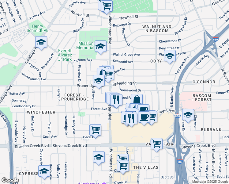 map of restaurants, bars, coffee shops, grocery stores, and more near 770 North Winchester Boulevard in San Jose