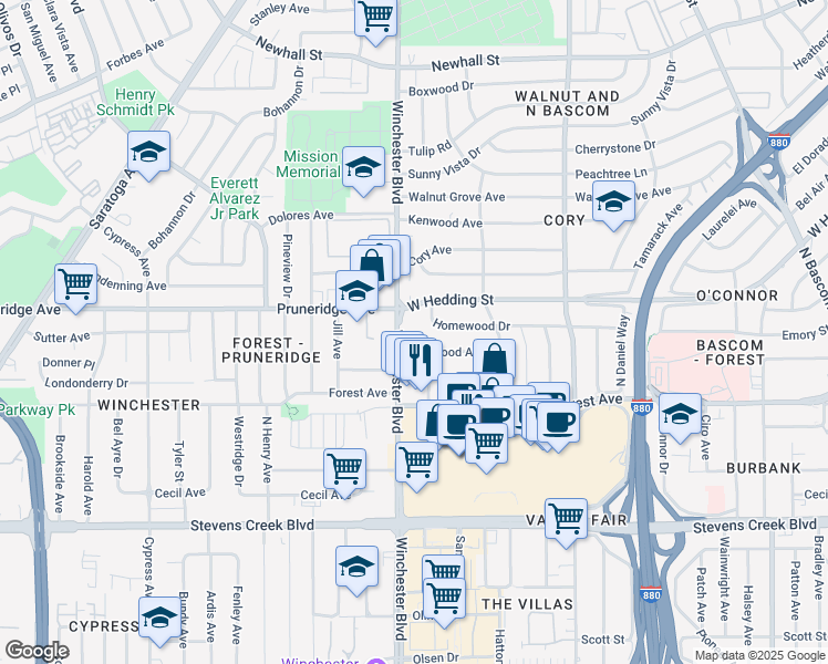 map of restaurants, bars, coffee shops, grocery stores, and more near 770 North Winchester Boulevard in San Jose