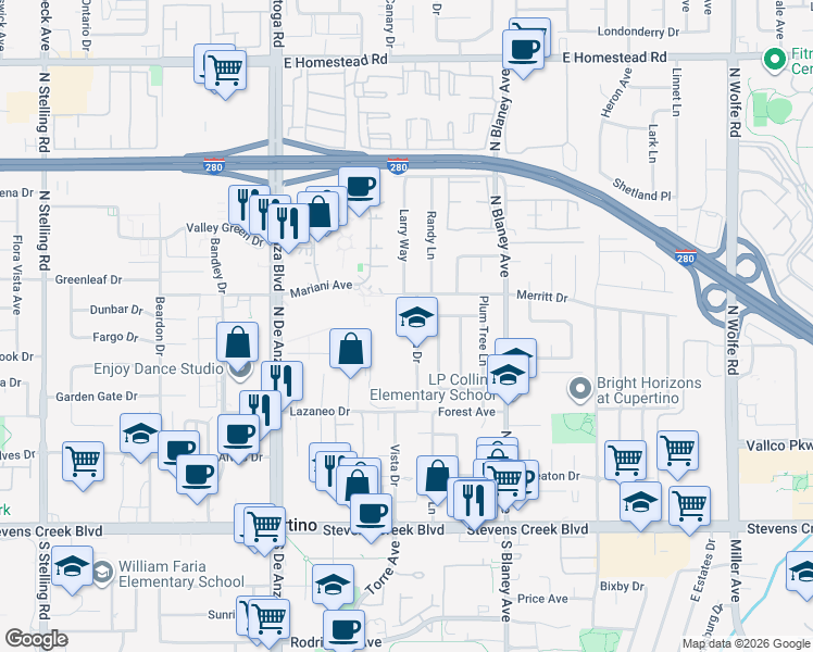 map of restaurants, bars, coffee shops, grocery stores, and more near 10401 Vista Drive in Cupertino