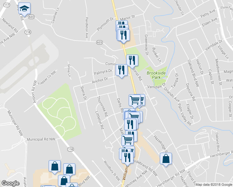 map of restaurants, bars, coffee shops, grocery stores, and more near 5812 Darby Road in Roanoke