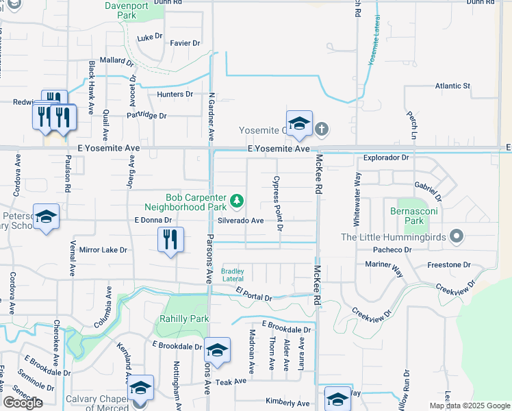 map of restaurants, bars, coffee shops, grocery stores, and more near 1955 Woodhaven Court in Merced