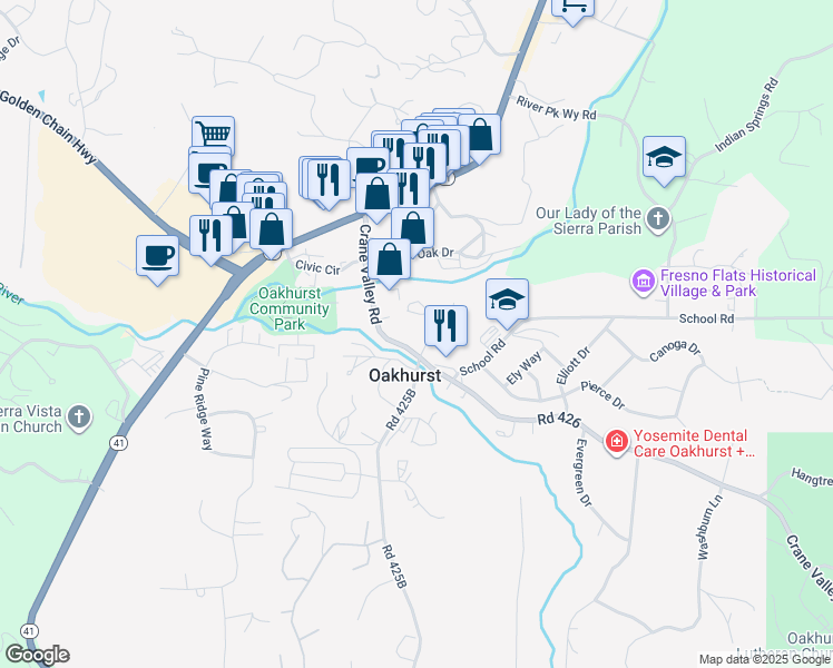 map of restaurants, bars, coffee shops, grocery stores, and more near 49269 Road 426 in Oakhurst