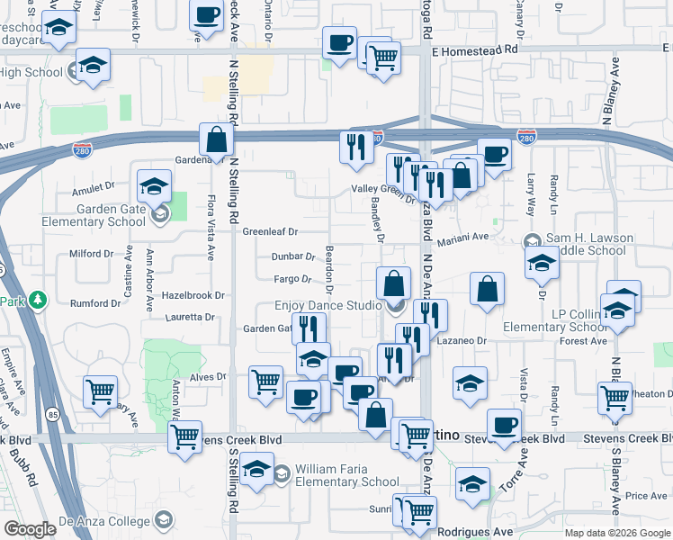 map of restaurants, bars, coffee shops, grocery stores, and more near 20730 Dunbar Drive in Cupertino
