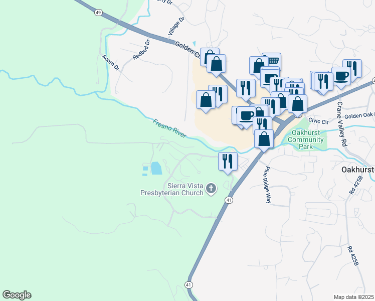 map of restaurants, bars, coffee shops, grocery stores, and more near 48477 Black Oak River Road in Oakhurst