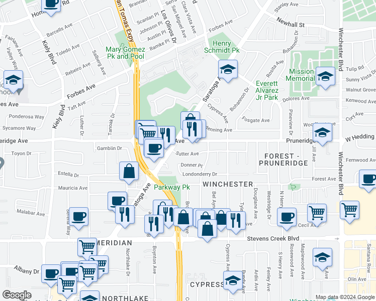 map of restaurants, bars, coffee shops, grocery stores, and more near 2371 Sutter Avenue in Santa Clara