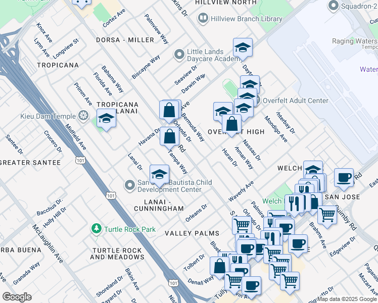 map of restaurants, bars, coffee shops, grocery stores, and more near 1944 South King Road in San Jose