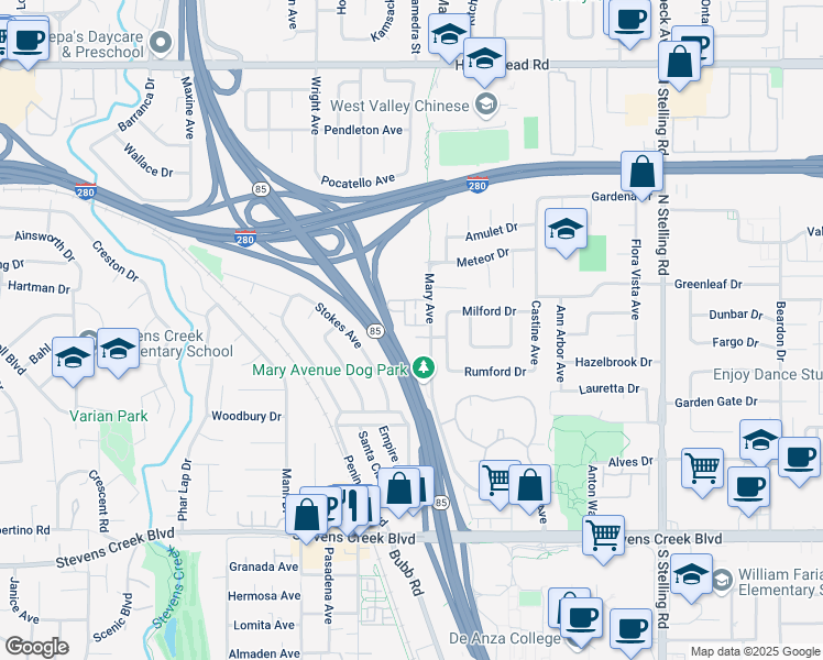 map of restaurants, bars, coffee shops, grocery stores, and more near 10359 Mary Avenue in Cupertino