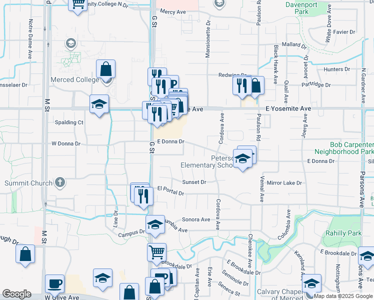 map of restaurants, bars, coffee shops, grocery stores, and more near 3482 Arch Rock Street in Merced