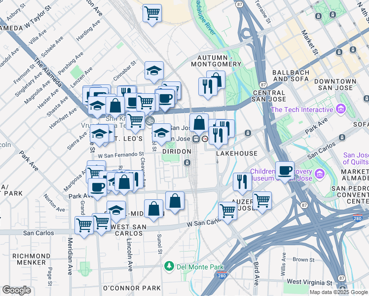 map of restaurants, bars, coffee shops, grocery stores, and more near 65 Cahill Street in San Jose
