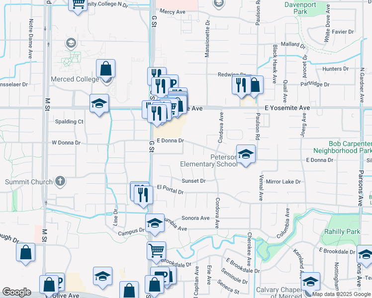 map of restaurants, bars, coffee shops, grocery stores, and more near 3482 Arch Rock Street in Merced