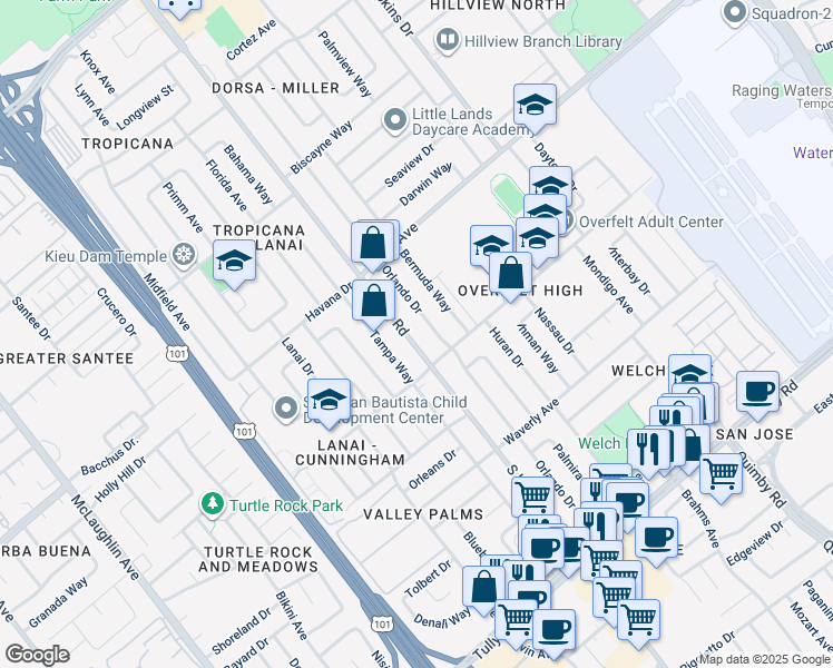 map of restaurants, bars, coffee shops, grocery stores, and more near 1944 South King Road in San Jose
