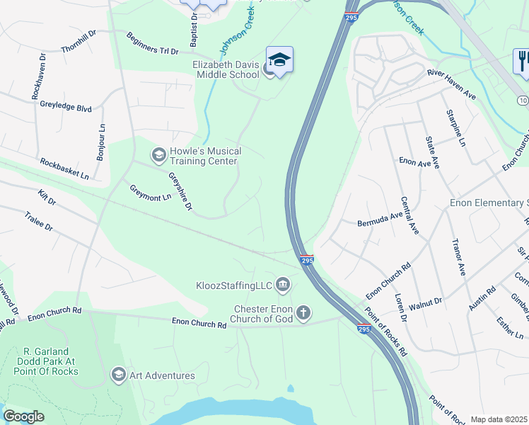 map of restaurants, bars, coffee shops, grocery stores, and more near 14107 Elkington Drive in Chester