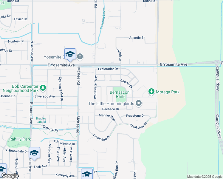 map of restaurants, bars, coffee shops, grocery stores, and more near 3773 De Soto Way in Merced