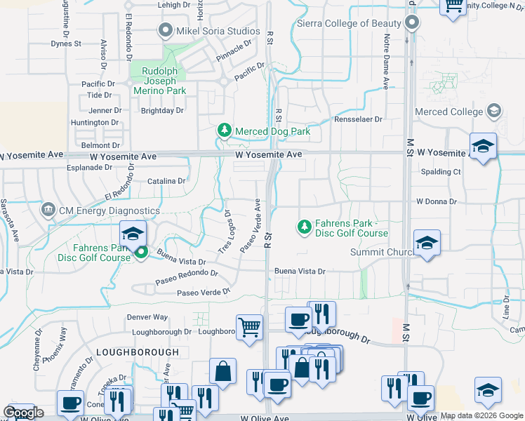 map of restaurants, bars, coffee shops, grocery stores, and more near 3487 Paseo Verde Avenue in Merced