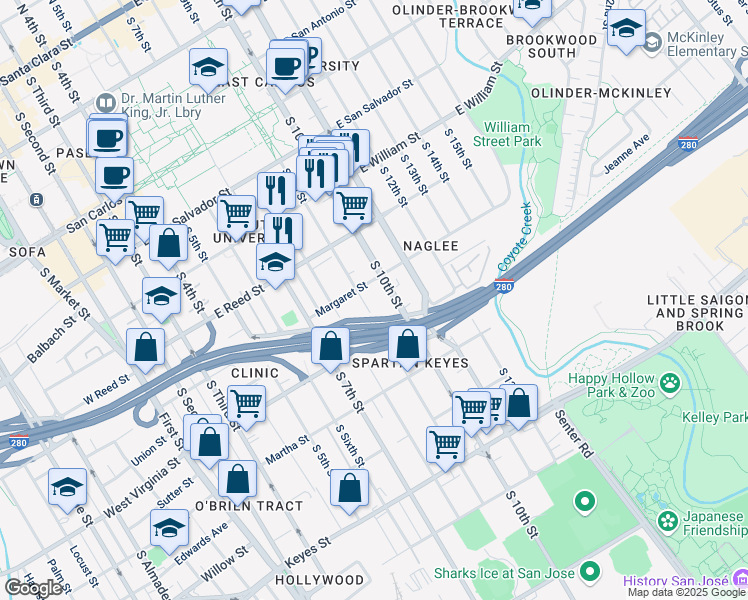 map of restaurants, bars, coffee shops, grocery stores, and more near 742 South 9th Street in San Jose
