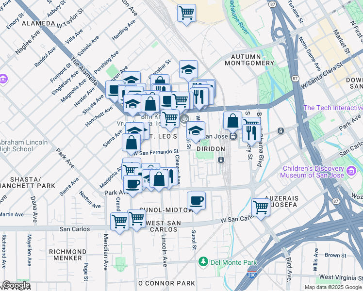 map of restaurants, bars, coffee shops, grocery stores, and more near 98 Sunol Street in San Jose