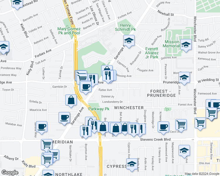 map of restaurants, bars, coffee shops, grocery stores, and more near 242 Harold Avenue in Santa Clara