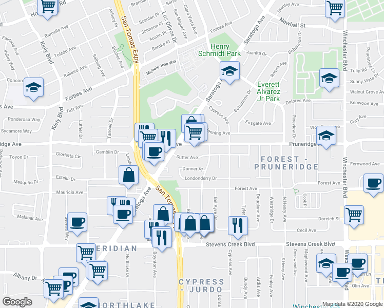 map of restaurants, bars, coffee shops, grocery stores, and more near 2376 Sutter Avenue in Santa Clara