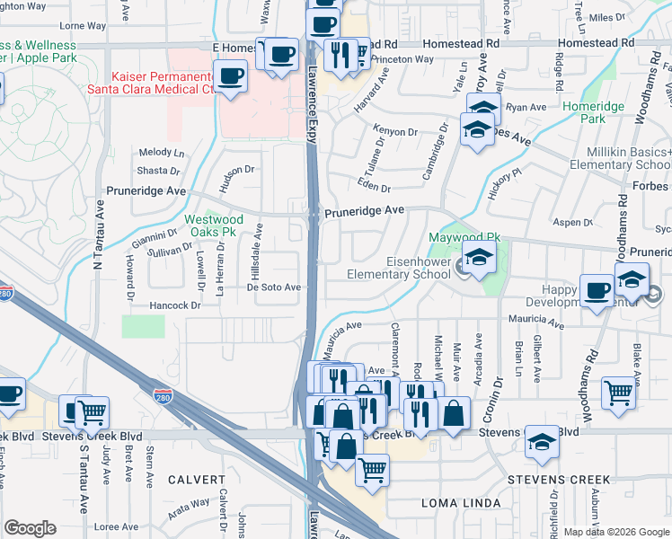 map of restaurants, bars, coffee shops, grocery stores, and more near 290 Calvert Drive in Santa Clara